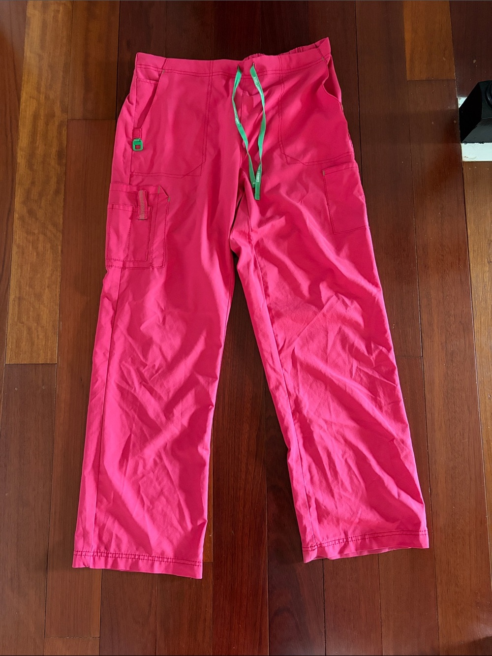 Carhartt Women's Bright Pink Cargo Scrub Pants with Green Drawstring